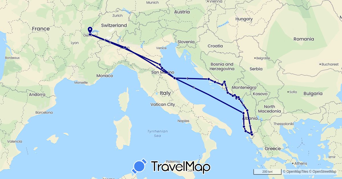 TravelMap itinerary: driving in Albania, Bosnia and Herzegovina, Switzerland, Croatia, Italy, Montenegro (Europe)